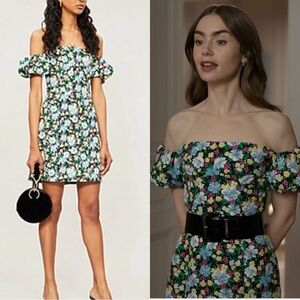 Maje | Rapy Floral Off The Shoulder Linen Knit Mini Dress Small Emily In Paris